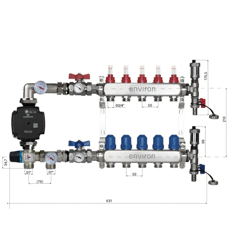 Set di regolazione a valore fisso M058 20-55°C con pompa ad alta efficienza Grundfos UPM3 25/6, collettore di riscaldamento in acciaio inox, set di sfiato e set di valvole a sfera
