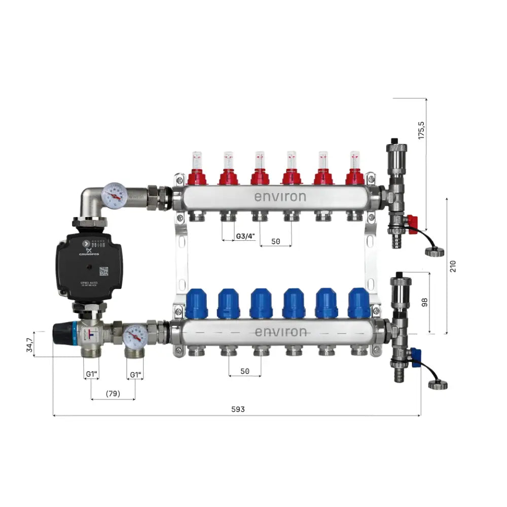 Festwertregelset M058 20-55°C mit Grundfos UPM3 25/6 Hocheffizienzpumpe, Edelstahl-Heizkreisverteiler, Entlüfterset & Kugelhahnset