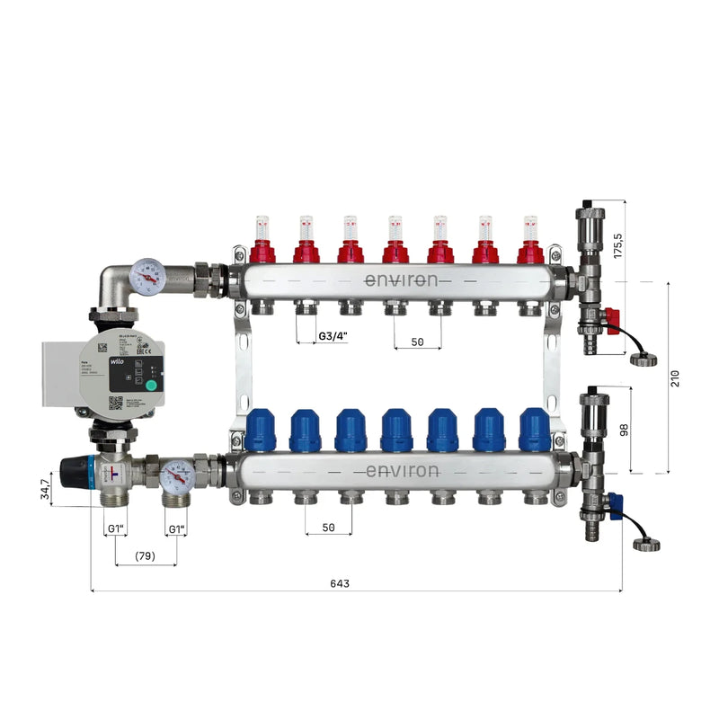 Set di regolazione a valore fisso M058 20-55°C con pompa ad alta efficienza Wilo Para 25/6, collettore di riscaldamento in acciaio inox, set di sfiato e set di valvole a sfera