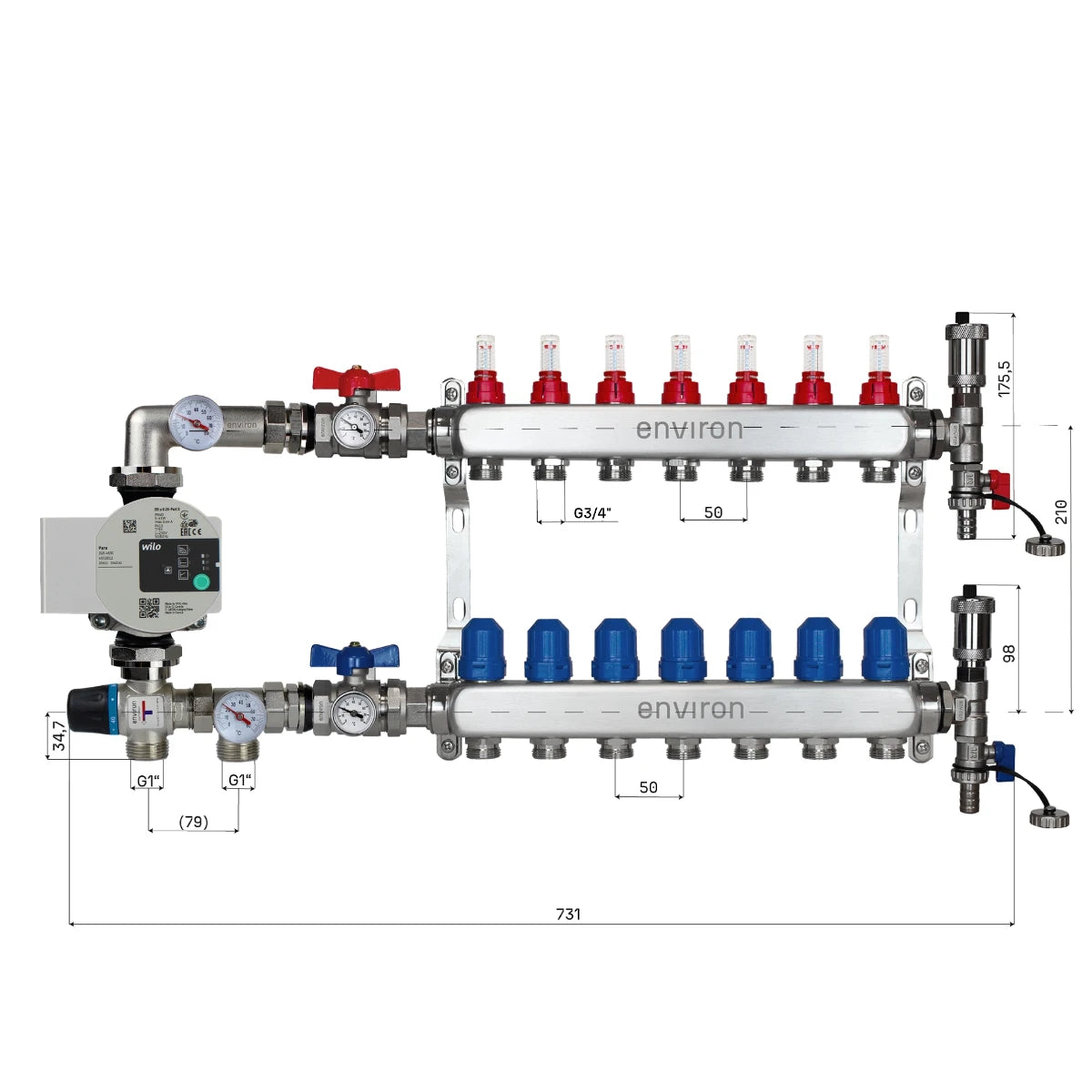 Festwertregelset M058 20-55°C mit Wilo Para 25/6 Hocheffizienzpumpe, Edelstahl-Heizkreisverteiler, Entlüfterset & Kugelhahnset