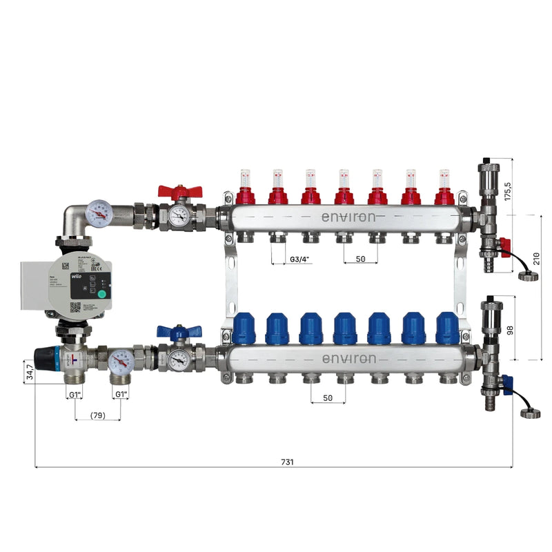 Set di regolazione a valore fisso M058 20-55°C con pompa ad alta efficienza Wilo Para 25/6, collettore di riscaldamento in acciaio inox, set di sfiato e set di valvole a sfera