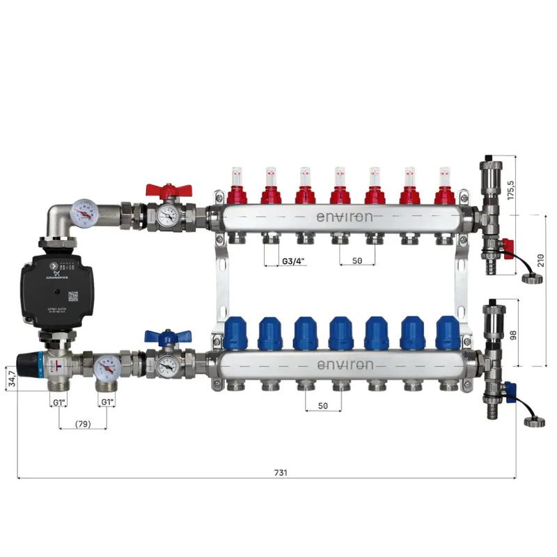 Set di regolazione a valore fisso M058 20-55°C con pompa ad alta efficienza Grundfos UPM3 25/6, collettore di riscaldamento in acciaio inox, set di sfiato e set di valvole a sfera