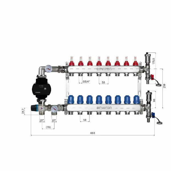Set di regolazione a valore fisso M058 20-55°C con pompa ad alta efficienza Grundfos UPM3 25/6, collettore di riscaldamento in acciaio inox, set di sfiato e set di valvole a sfera