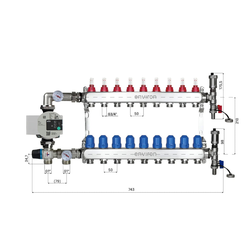 Set di regolazione a valore fisso M058 20-55°C con pompa ad alta efficienza Wilo Para 25/6, collettore di riscaldamento in acciaio inox, set di sfiato e set di valvole a sfera