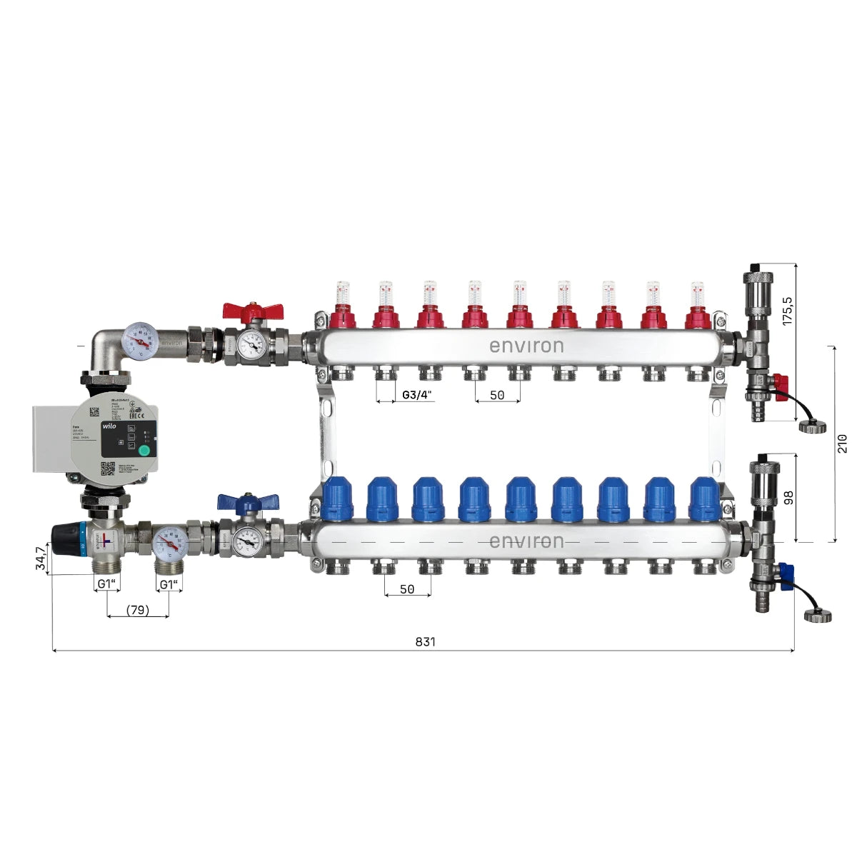 Festwertregelset M058 20-55°C mit Wilo Para 25/6 Hocheffizienzpumpe, Edelstahl-Heizkreisverteiler, Entlüfterset & Kugelhahnset