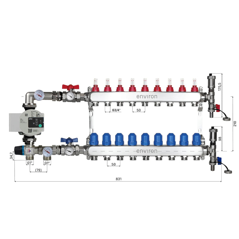 Set di regolazione a valore fisso M058 20-55°C con pompa ad alta efficienza Wilo Para 25/6, collettore di riscaldamento in acciaio inox, set di sfiato e set di valvole a sfera