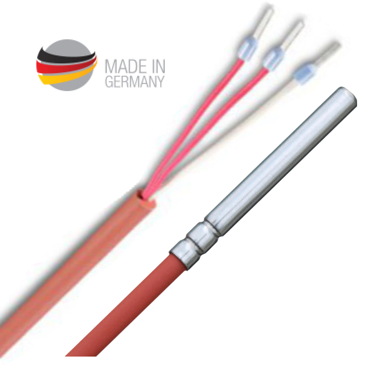 Sensore di temperatura PT100 a 3 fili in silicone fino a 250°C, resistente all’umidità, arrotolato – Made in Germany