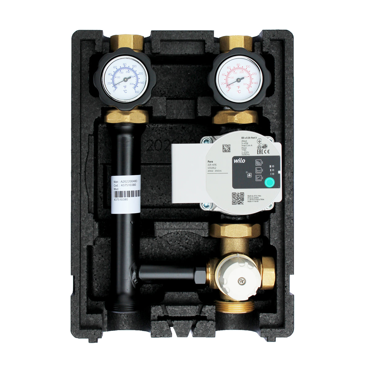 Gruppo pompa circuito di riscaldamento EcoMix EN004 con miscelatore a tre vie, termostato a valore fisso 40-70°C e pompa ad alta efficienza Wilo Para 25/6
