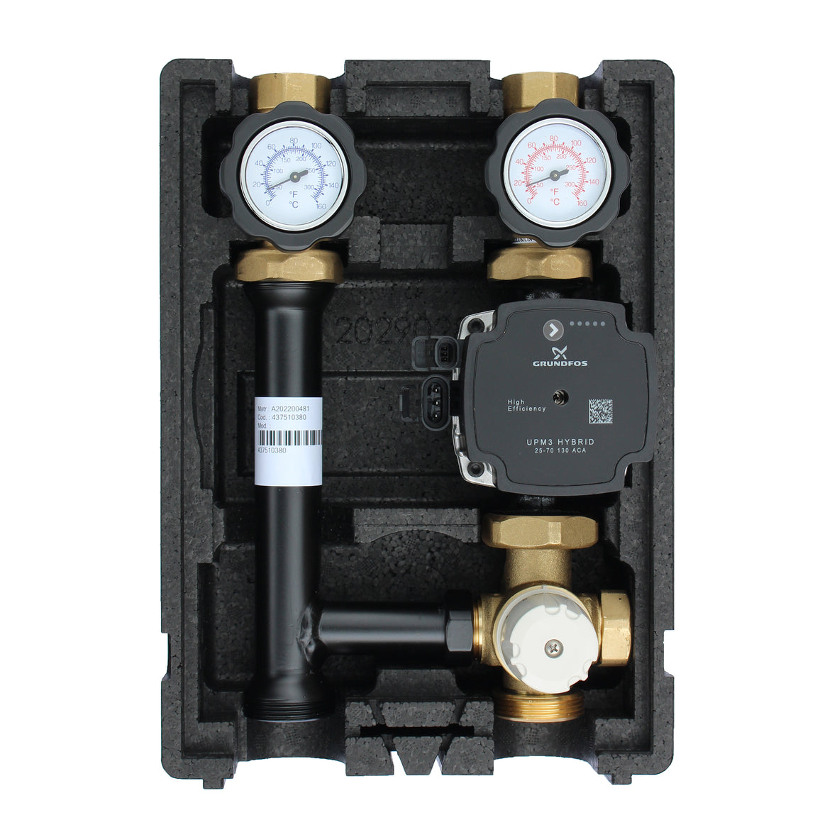 EcoMix EN004 Heizkreispumpengruppe mit Drei-Wege-Mischer, Festwertthermostat 25-55°C und Grundfos UPM3 Hybrid 25/7  Hocheffizienzpumpe