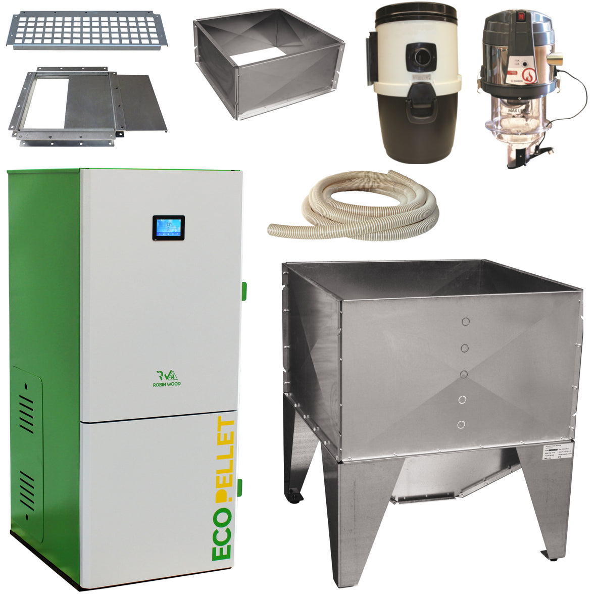 Robin Wood EcoPellet A++ 12, 18, 24, 30, 35 kW with Environ pellet suction system and hygiene buffer storage + accessories 