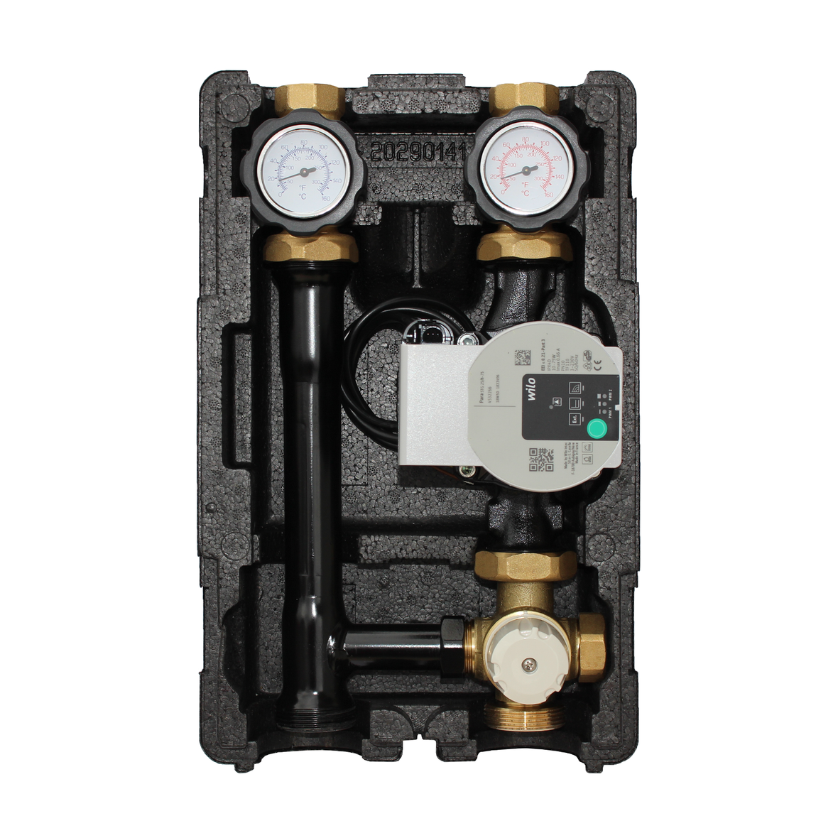 Gruppo pompa circuito riscaldamento ProfiMix con miscelatore a tre vie, termostato a valore fisso 25-55°C e pompa ad alta efficienza Wilo Para STG 25/8,75