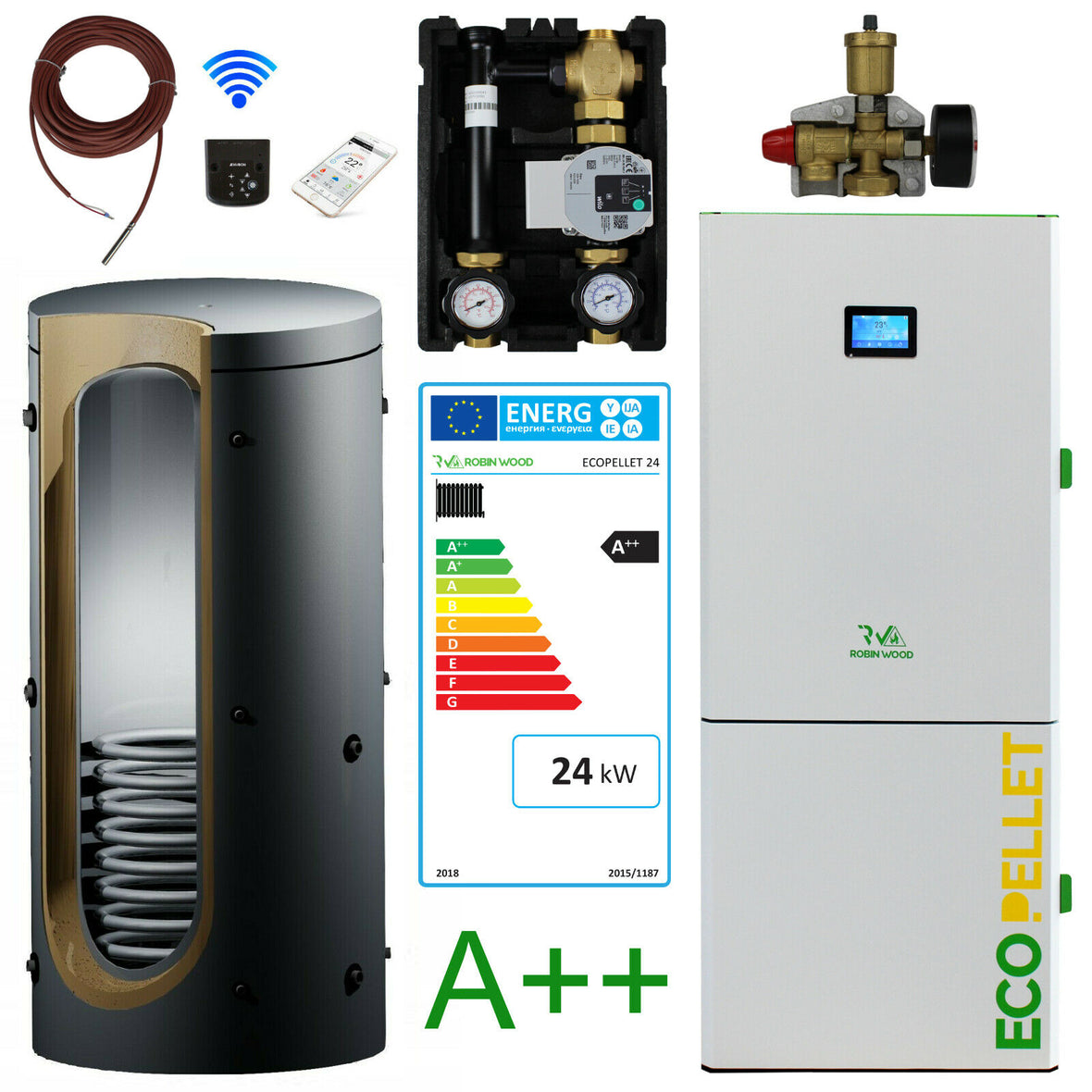 Komplettset  Robin Wood EcoPellet 24 kW + Pufferspeicher 800 Liter mit einem Wärmetauscher und Zubehör